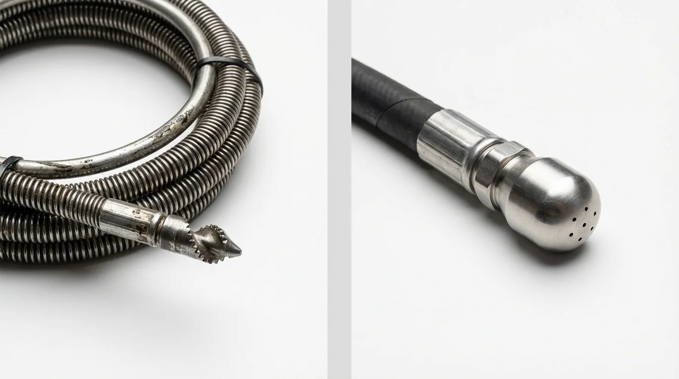Drain snake cable and hydro jetting nozzle used for drain cleaning in Clarksville, IA