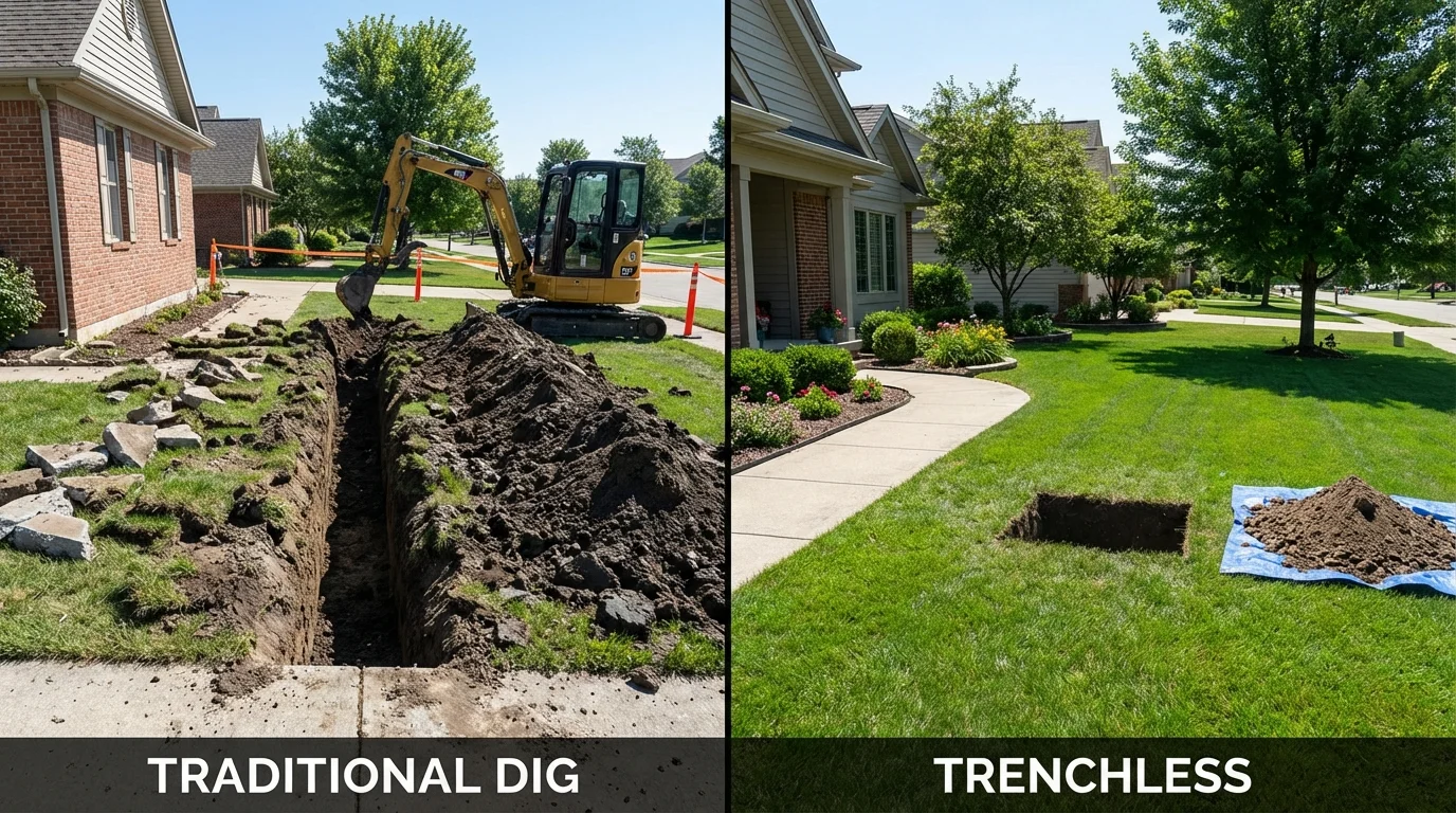 Trenchless sewer repair with minimal yard damage versus traditional excavation in Clarksville, IA
