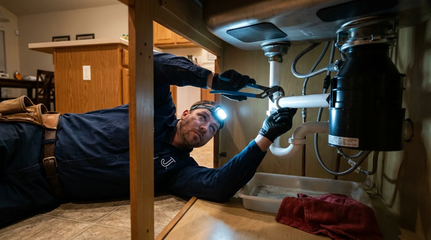P-trap and supply line connections under a kitchen sink showing a common leak point in Clarksville, IA